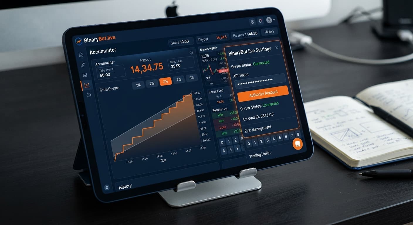 The BinaryBot.live settings panel showing the API token input field ready for Deriv account connection.