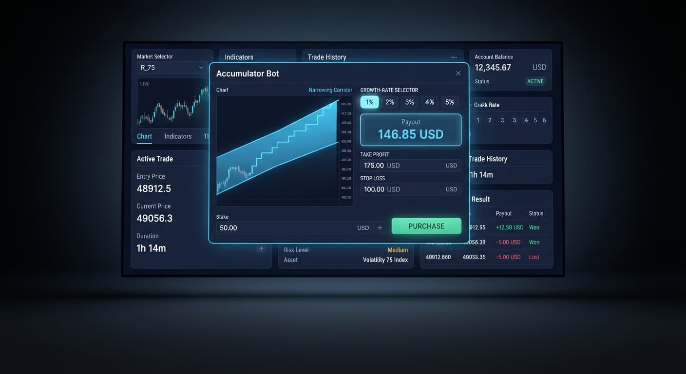 Screenshot of the BinaryBot.live accumulator bot showing the growth-rate selector next to a narrowing barrier corridor on a volatility index chart.