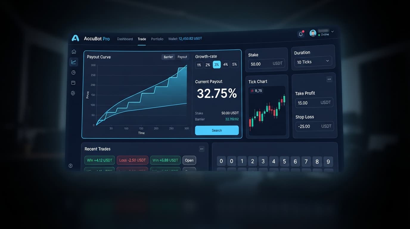 Screenshot of the BinaryBot.live interface showing the growth-rate selector and barrier corridor during an accumulator bot demo account setup.