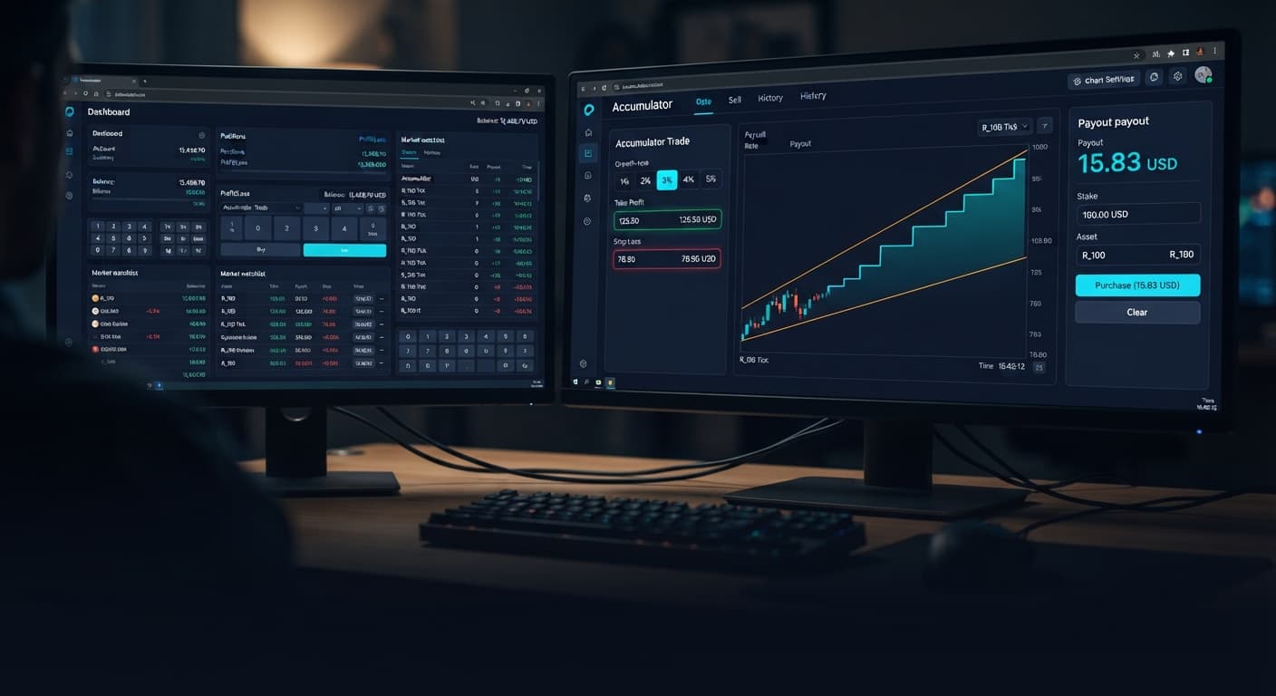 The accumulator bot interface highlighting the growth rate and stop loss configuration panel on BinaryBot.live.