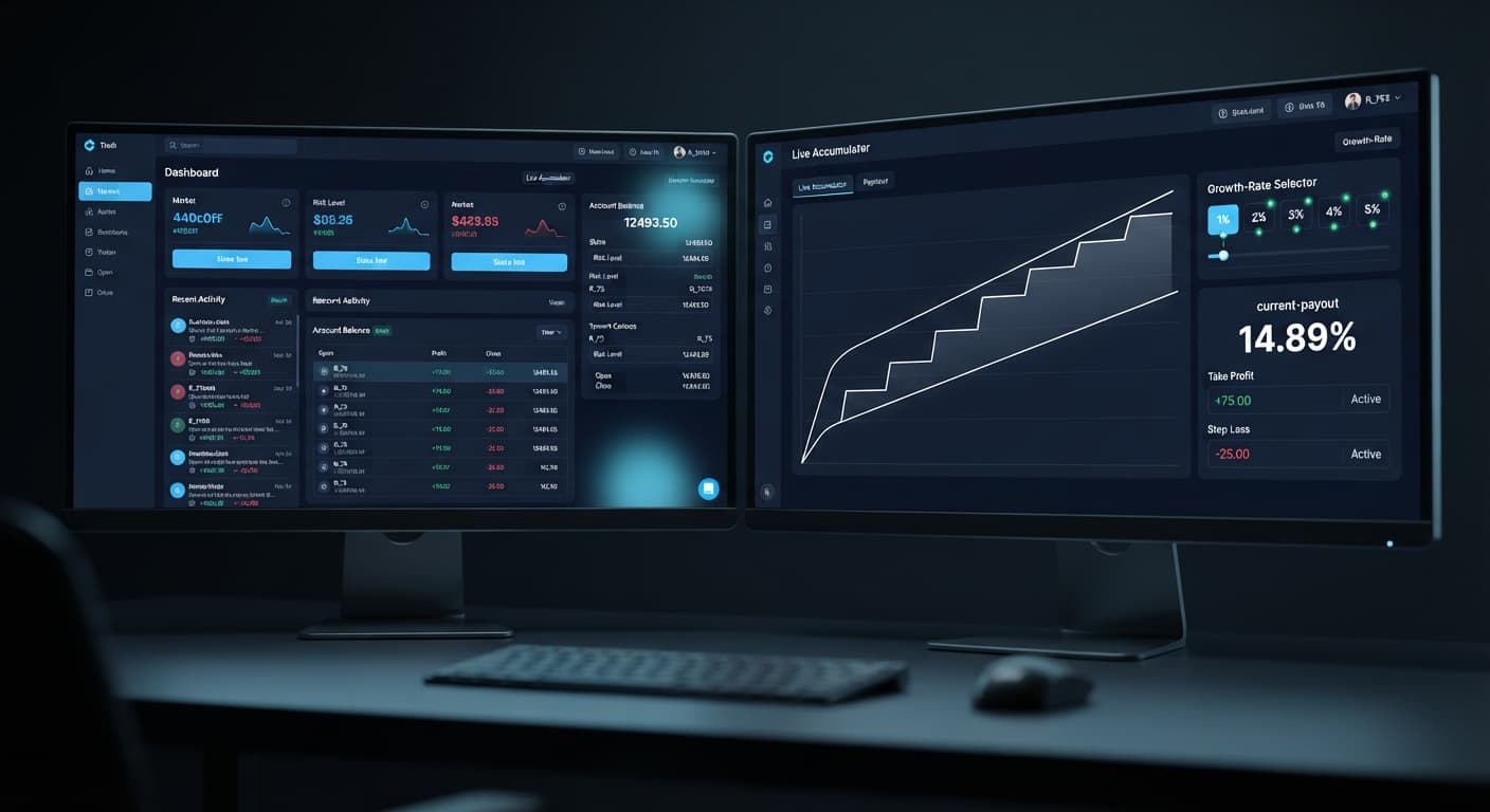 A screenshot showing the accumulator bot growth-rate selector beside the narrowing barrier corridor on the Deriv platform.