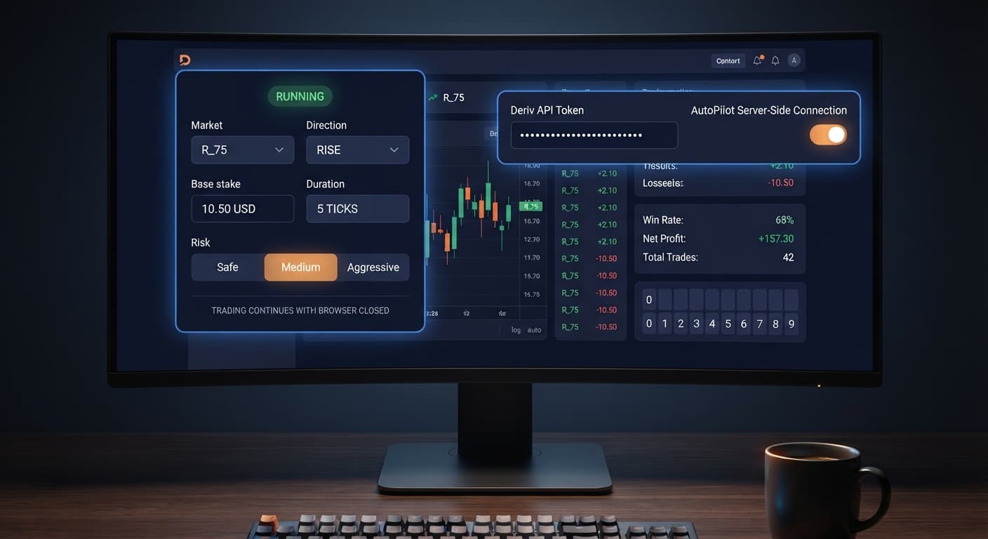 Screenshot of the AutoPilot API token setup interface showing the token input field and connection status for Deriv binary bots.