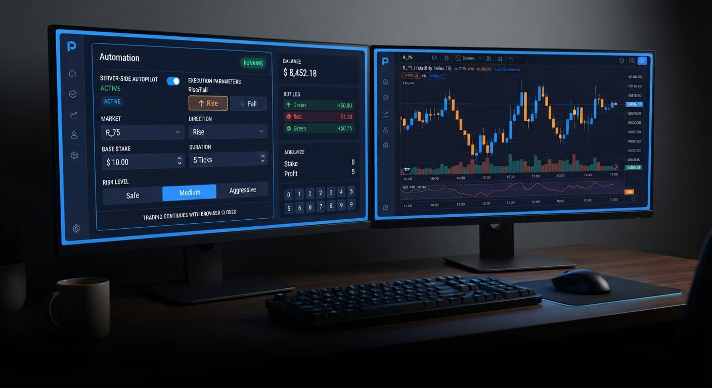 The BinaryBot.live interface showing the server-side autopilot toggle and Rise/Fall execution parameters for Deriv volatility indices.