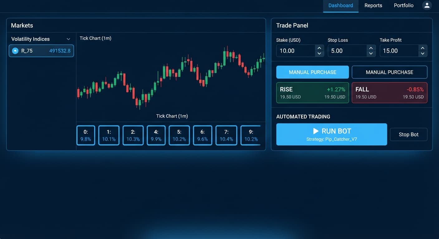 A side-by-side interface showing manual purchase controls on Deriv contrasted with the BinaryBot.live automated run bot panel.