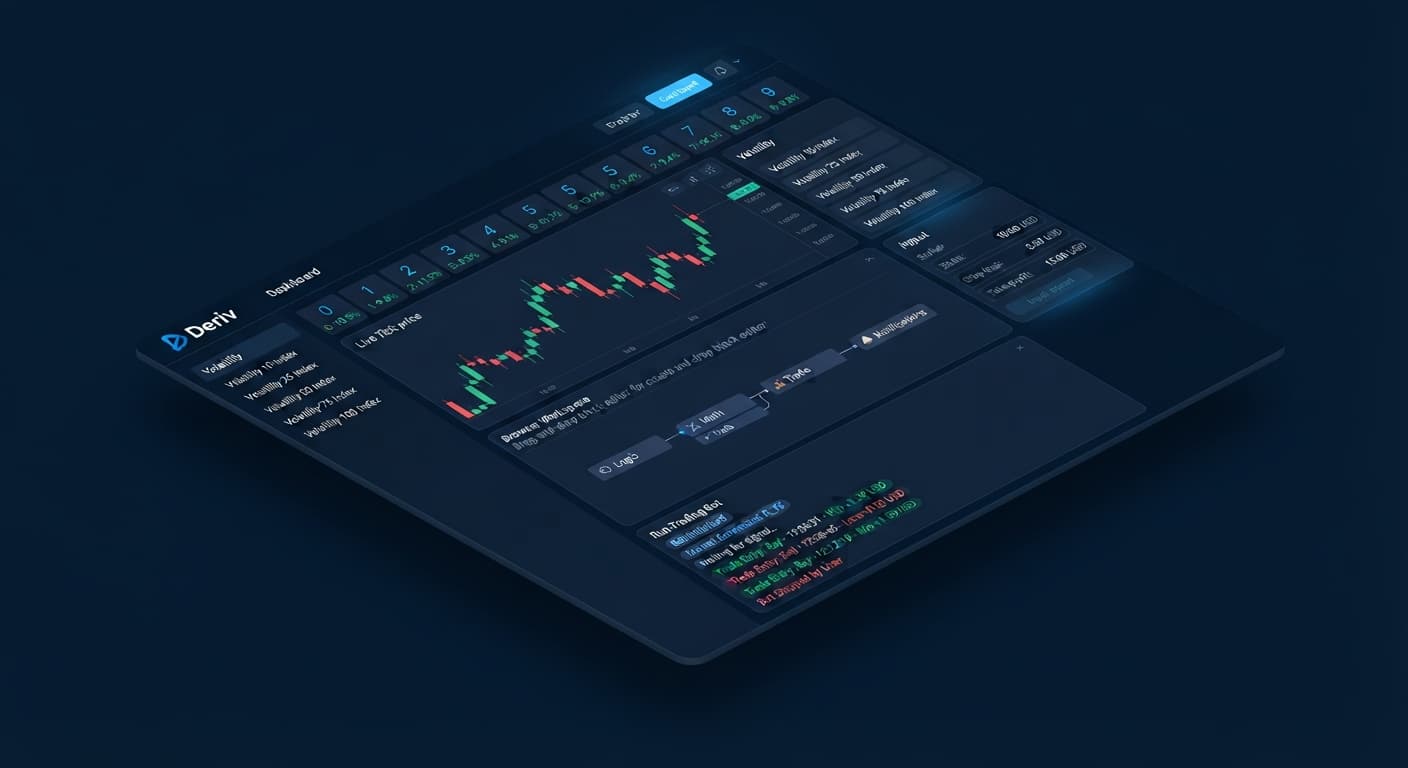 Screenshot of the BinaryBot.live workspace dashboard showing the browser-based drag-and-drop block editor and the Run Trading Bot execution console.