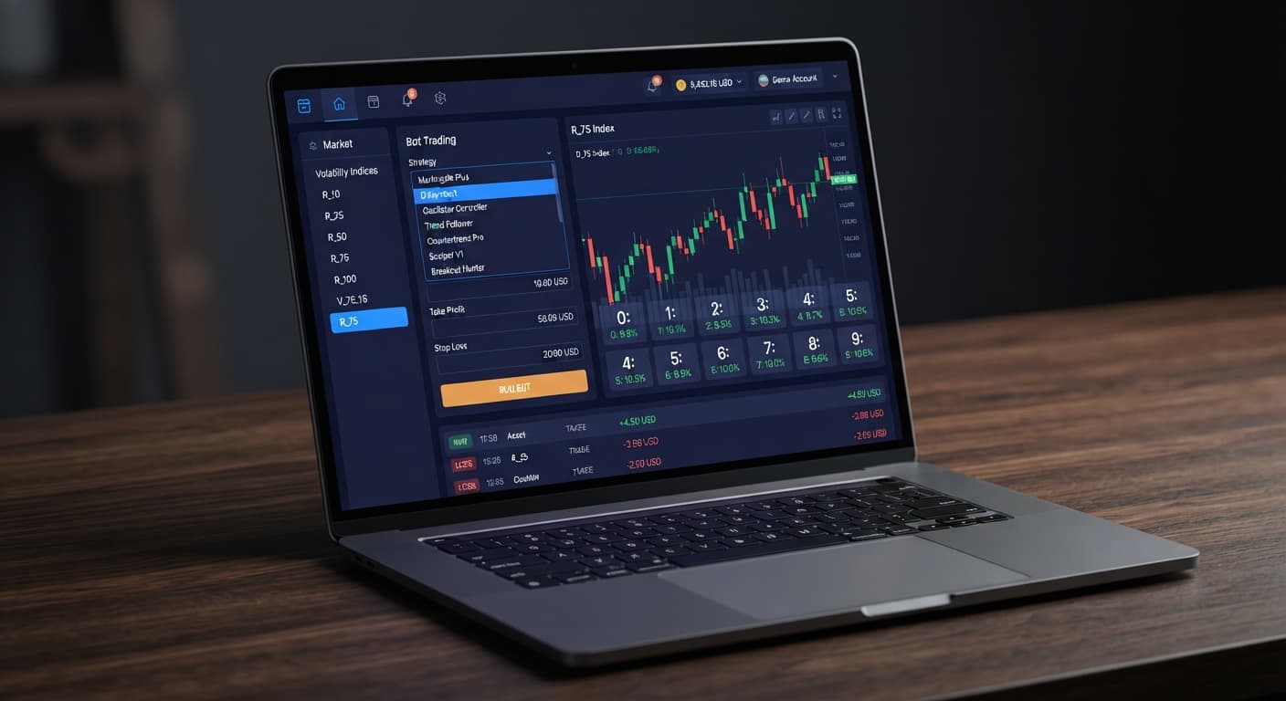 Screenshot of the binary bot selection menu on BinaryBot.live highlighting free pre-configured strategy options for Deriv accounts.