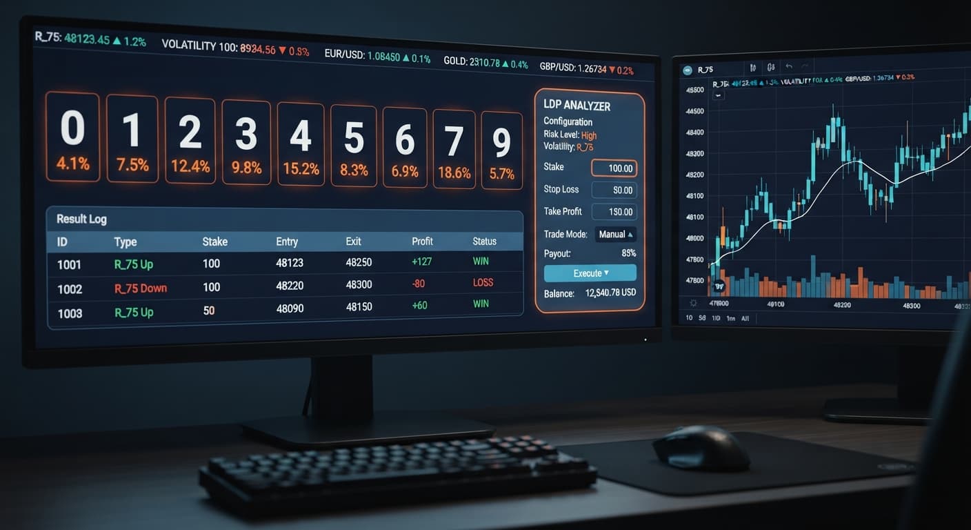 A screenshot showing the LDP analyzer configuration panel on BinaryBot.live with stake, stop loss, and take profit settings.