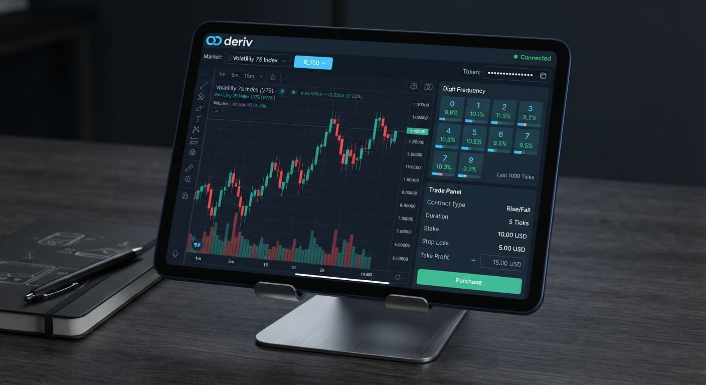 A screenshot of the BinaryBot.live interface highlighting the API token settings and connection status indicator used for troubleshooting trade execution.
