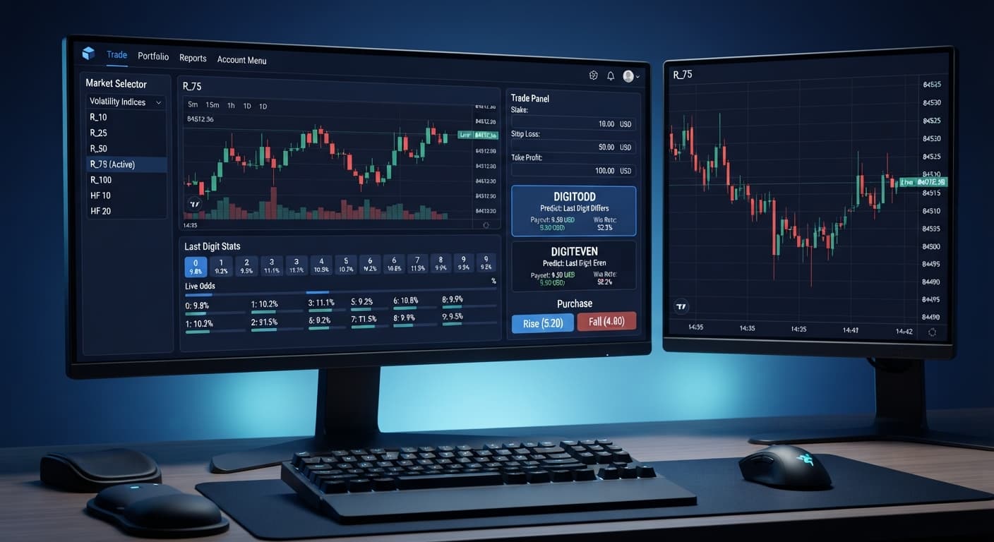 A screenshot showing the DIGITODD and DIGITEVEN strategy configuration panel alongside live digit statistics on BinaryBot.live.