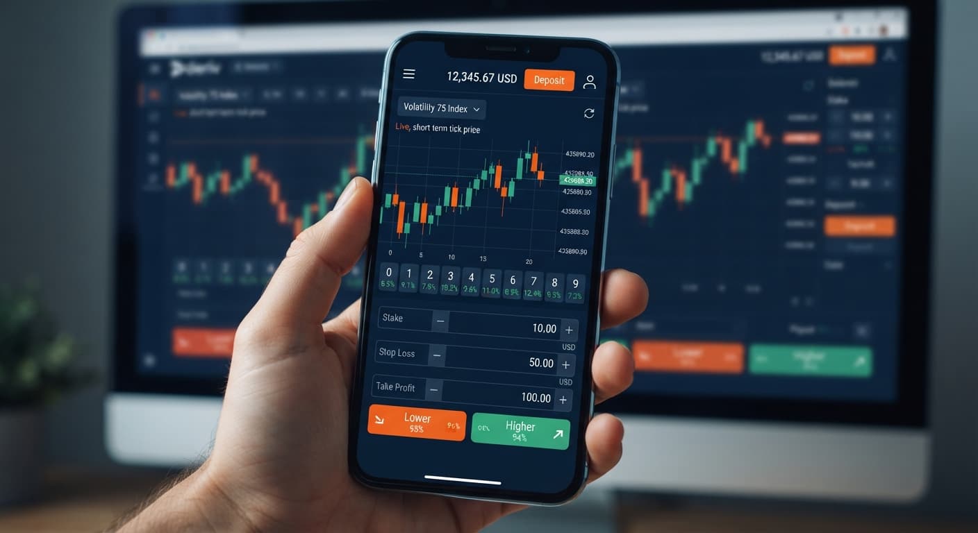 The account balance display and deposit button on the Deriv platform dashboard showing funding options.