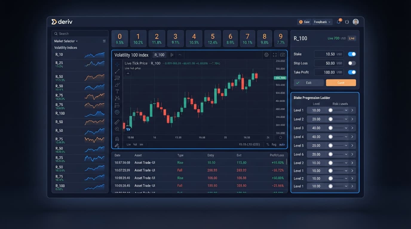 Screenshot of the BinaryBot.live interface highlighting the stake progression ladder and stop-loss limit settings for the Volatility 100 Index.