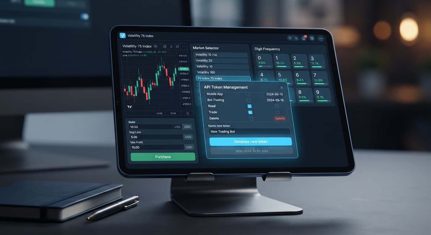 A screenshot showing the Deriv API token settings page on BinaryBot.live with Read and Trade permissions selected for bot connection.