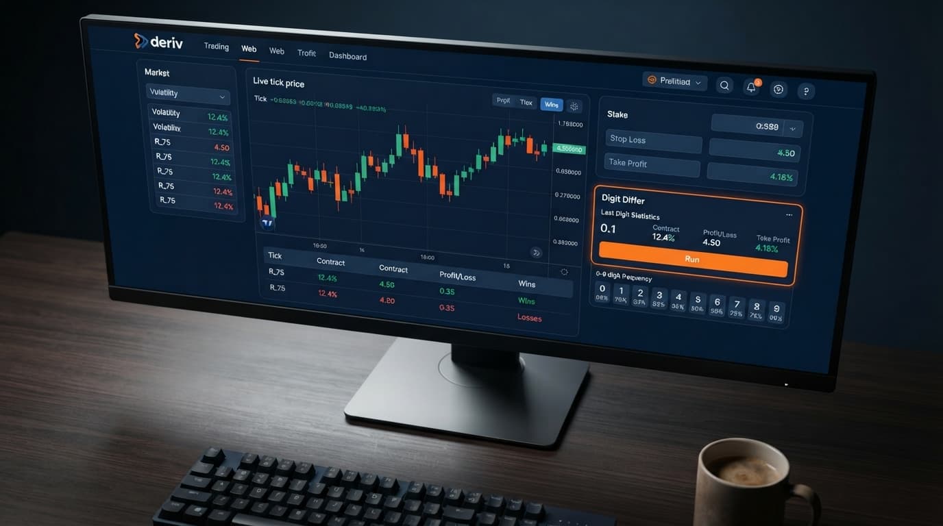 Screenshot of the browser-based trading interface showing the Digit Differ prediction selector and last digit statistics for deriv bots india.