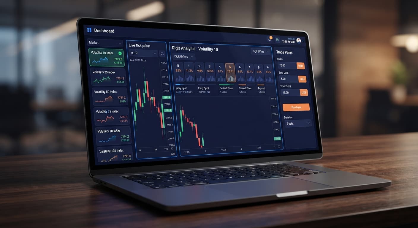 BinaryBot.live interface displaying the digit analysis panel and configuration settings for trading digit differs on Volatility 10.