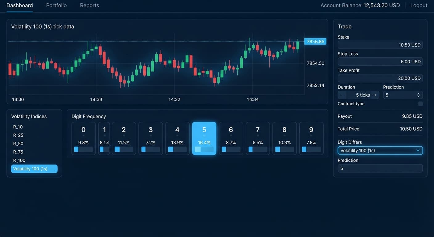 Screenshot of BinaryBot.live showing the digit differs contract configuration panel for Volatility 100 1s index.