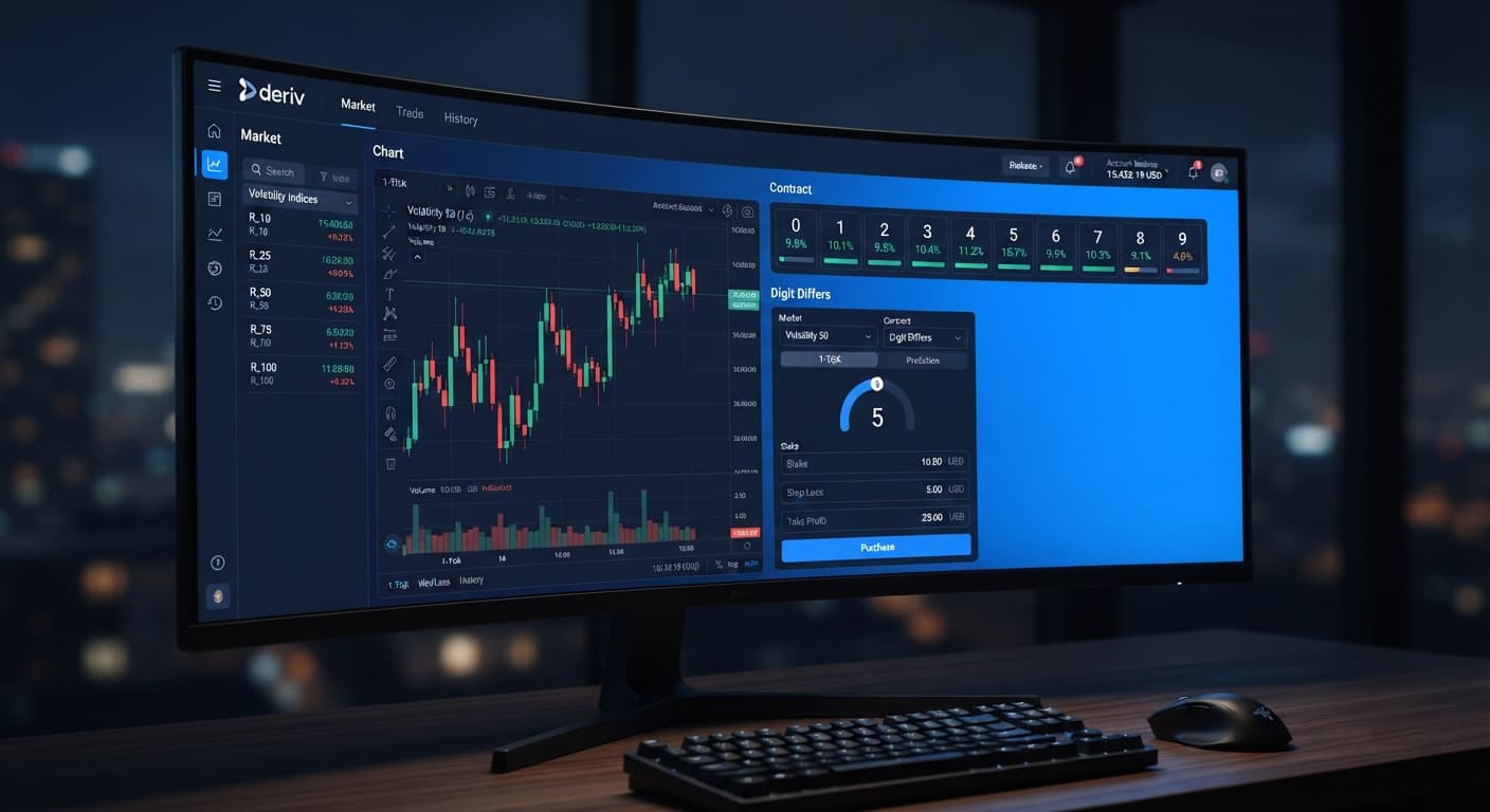 BinaryBot.live interface showing the Volatility 50 market and Digit Differs contract configuration panel.