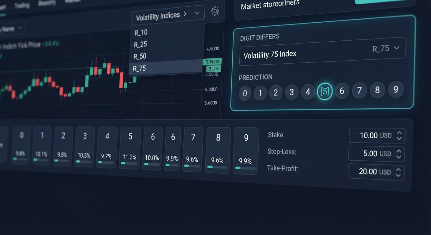 Screenshot of the BinaryBot.live platform showing digit differs contract settings configured for the Volatility 75 Index.