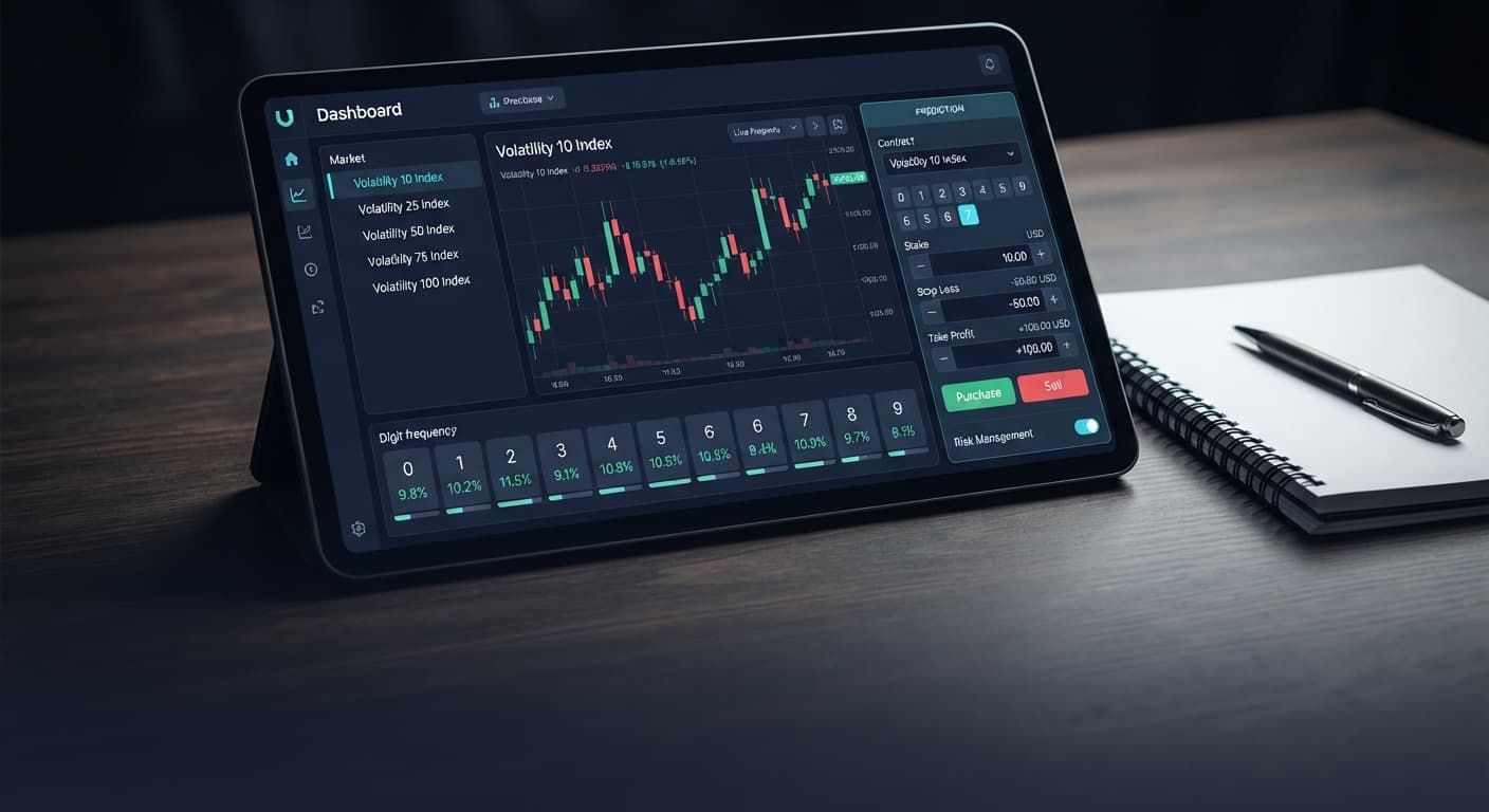 The binary bot configuration panel on BinaryBot.live displaying Volatility 10 Index settings for digit contracts.