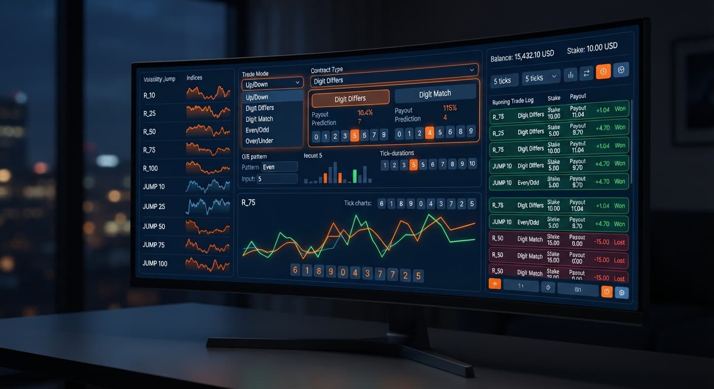 A screenshot of the Deriv trading bot interface highlighting the contract type selector between Digit Differs and Digit Match.