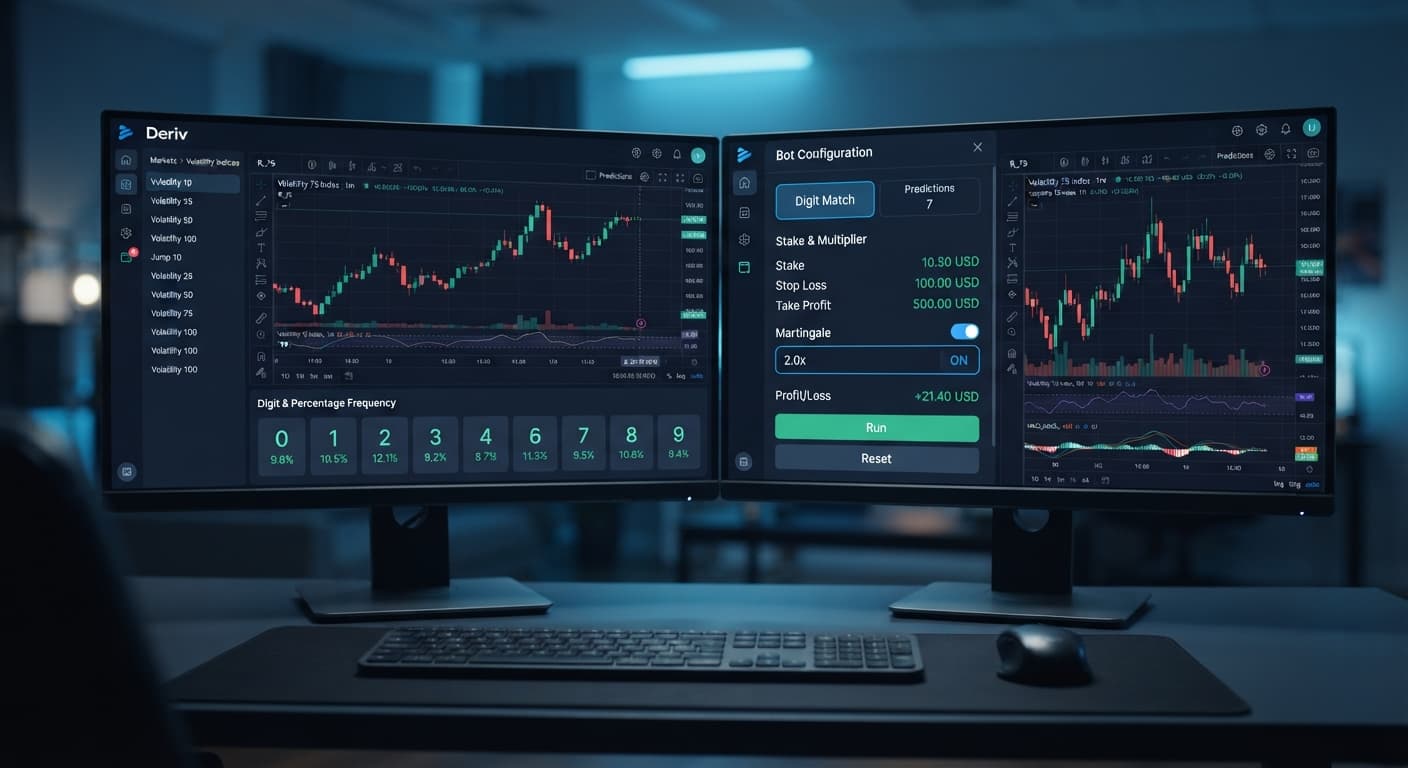 The BinaryBot.live interface showing the Digit Match contract configuration and Martingale money management settings.