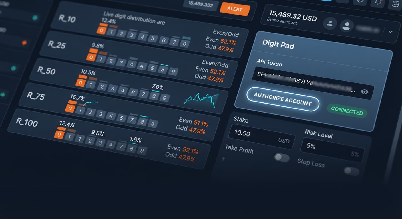 Screenshot of the Digit Pad interface showing the API token input field ready for account connection on BinaryBot.live.
