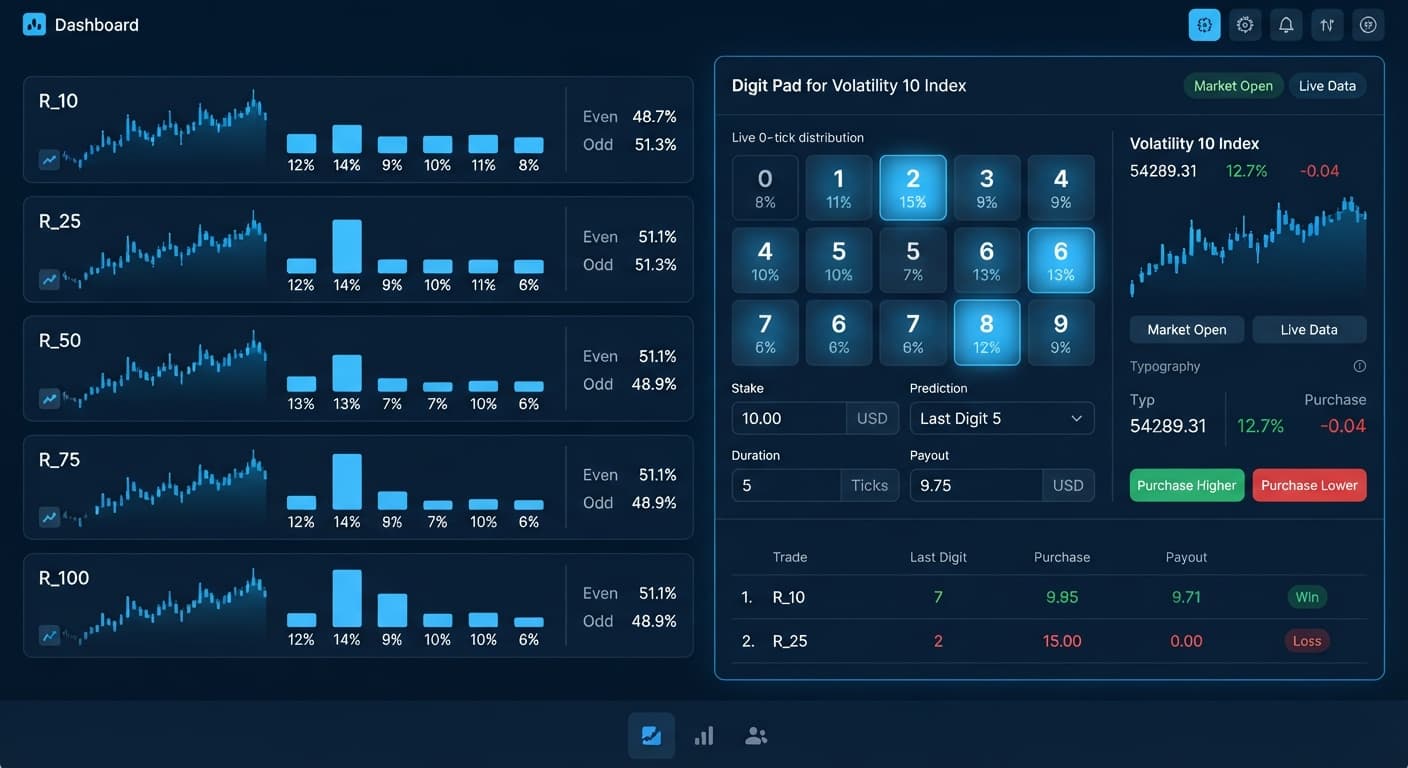 The BinaryBot.live digit trading tool displaying the Volatility 10 Index market and a live 0-9 tick distribution heatmap for digit differs.