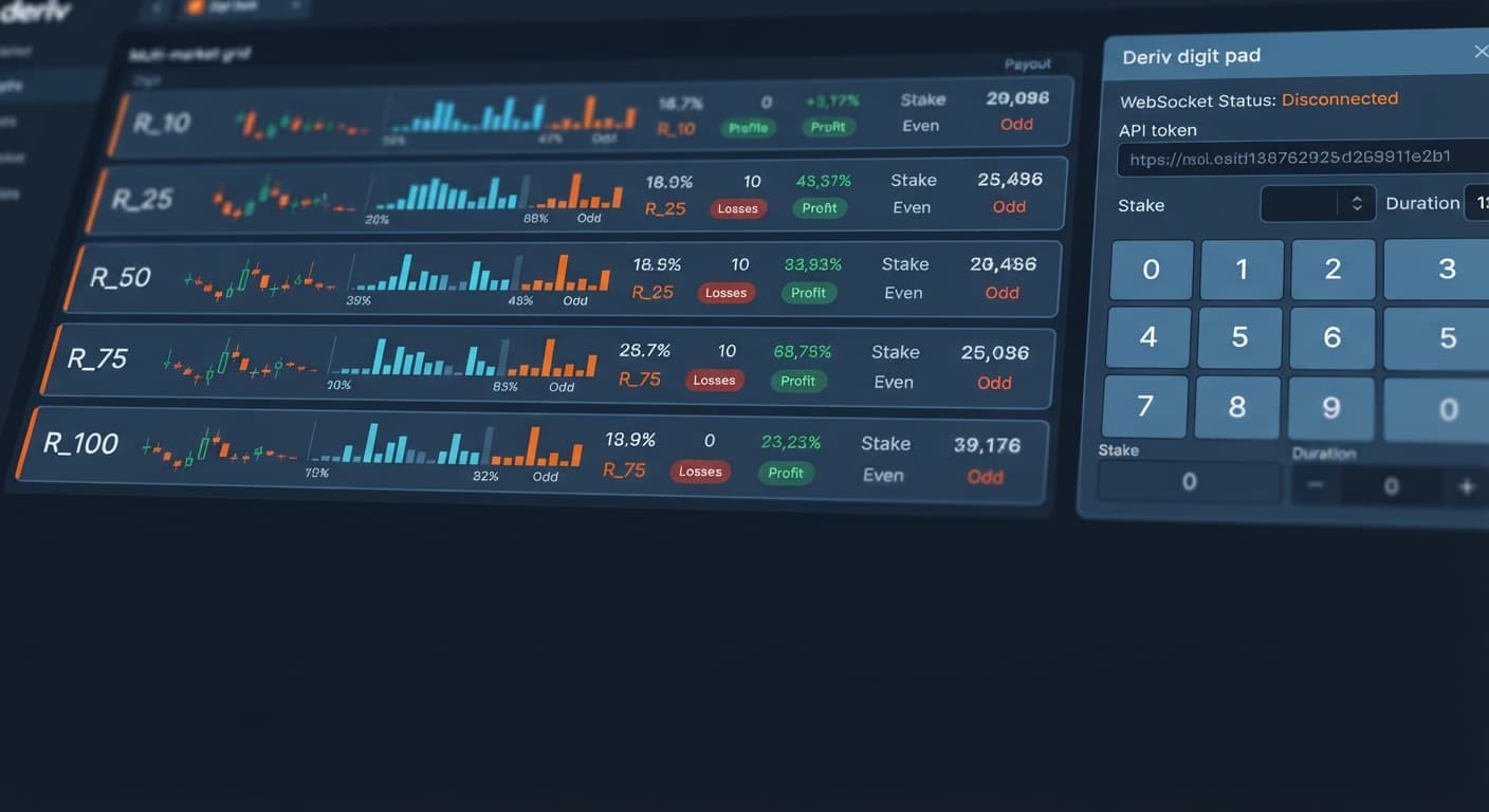 Screenshot of the BinaryBot.live digit pad interface highlighting the API token connection status and WebSocket error indicators.