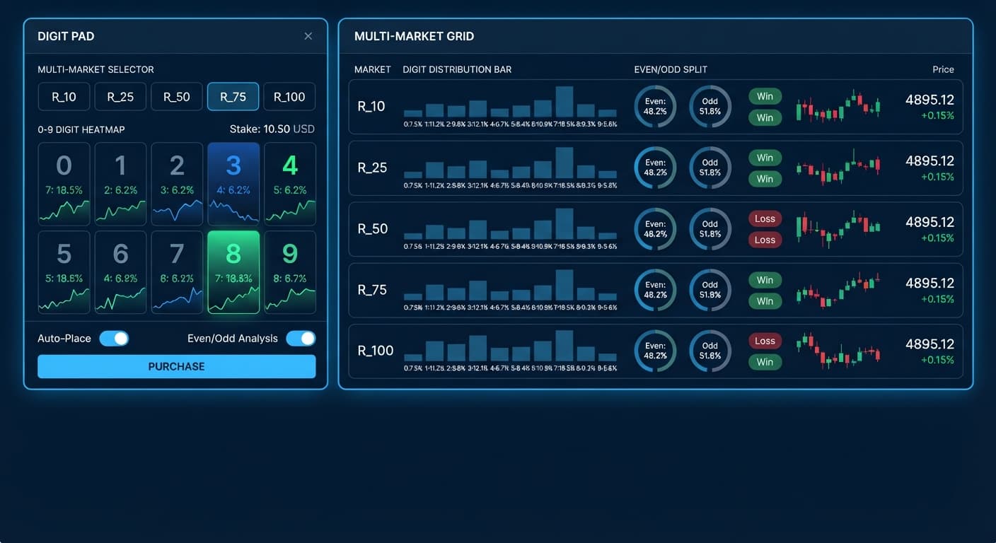 A screenshot of the Digit Pad interface showing the 0-9 digit heatmap and multi-market selector used for testing last digit prediction strategies on a Deriv demo account.