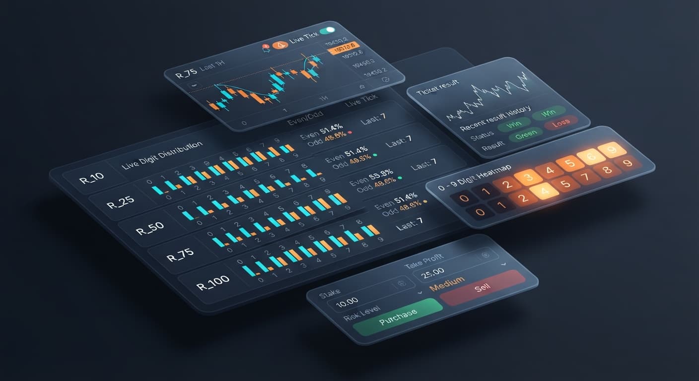 A screenshot of the digit pad deriv bots guide interface displaying the 0-9 digit heatmap and multi-market analysis tools.