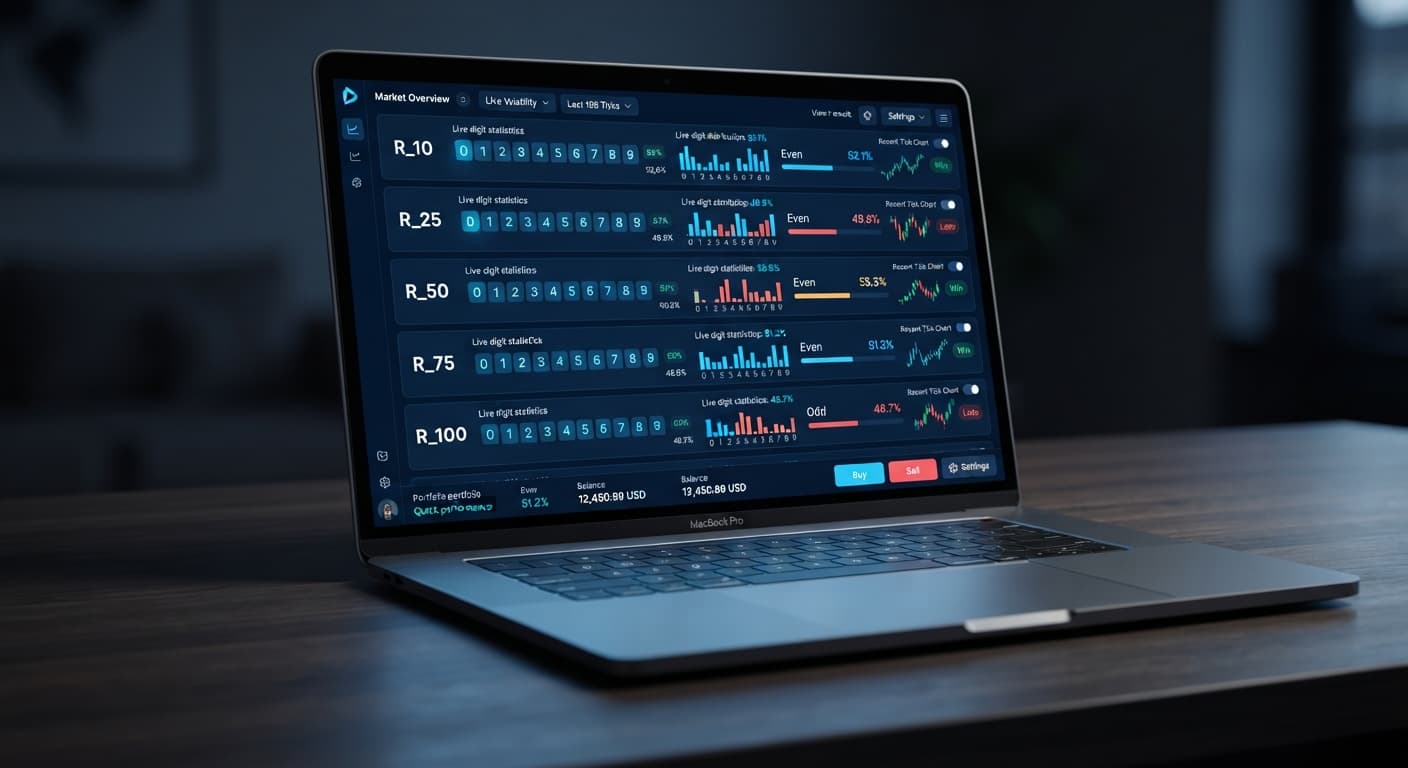 Screenshot of the digit pad interface showing live statistics and digit frequency grids for multiple Deriv volatility indices.