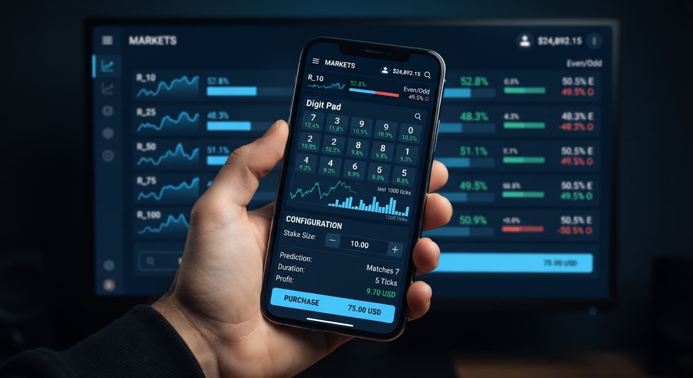 The BinaryBot.live digit pad interface displaying recent last digit statistics, win-loss tracking, and stake configuration settings.