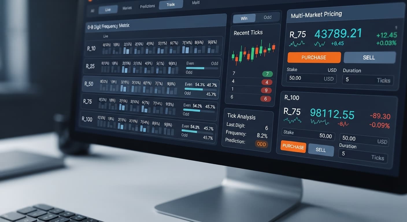 Screenshot of the BinaryBot.live digit pad interface showing the multi-market matrix and 0-9 digit analysis statistics for Deriv trading.