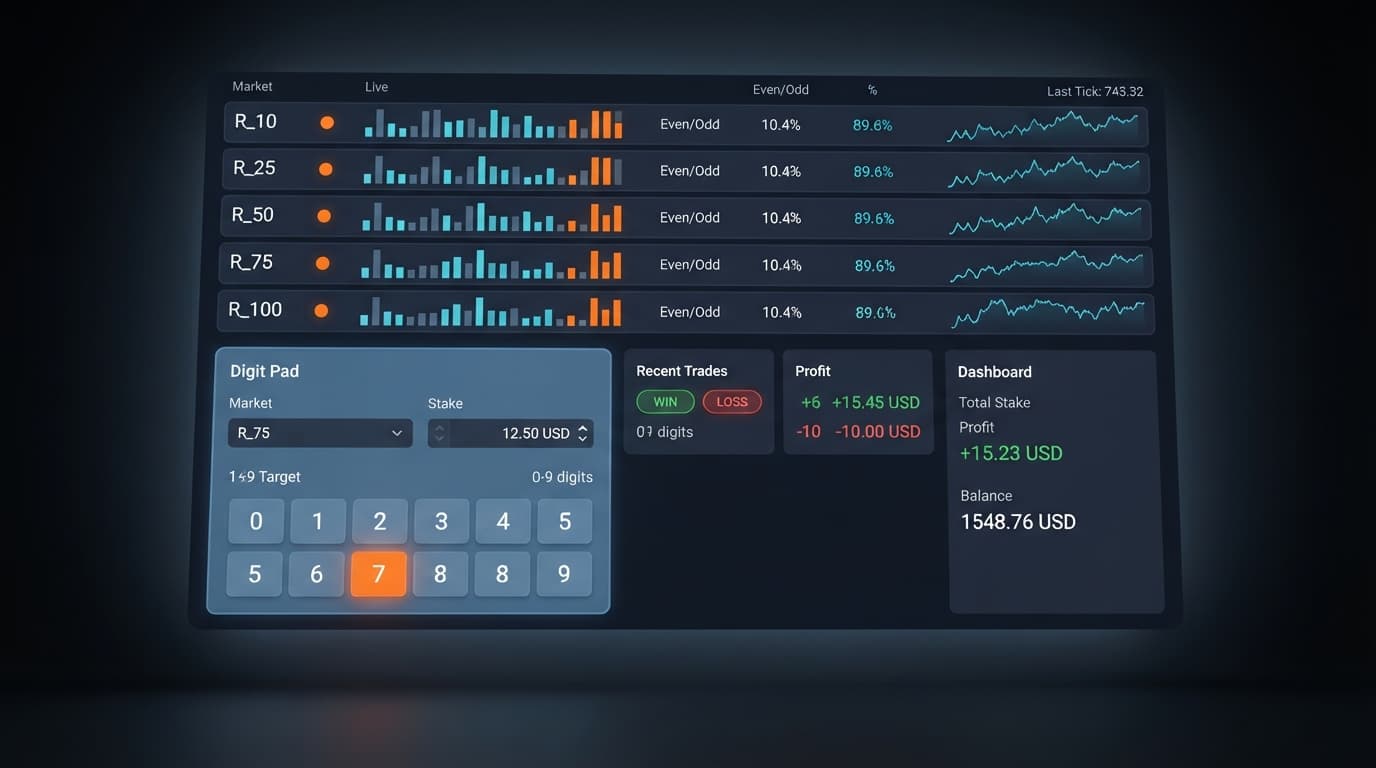 Screenshot of the Digit Pad interface on BinaryBot.live showing market selection, stake amount, and digit target configuration settings.