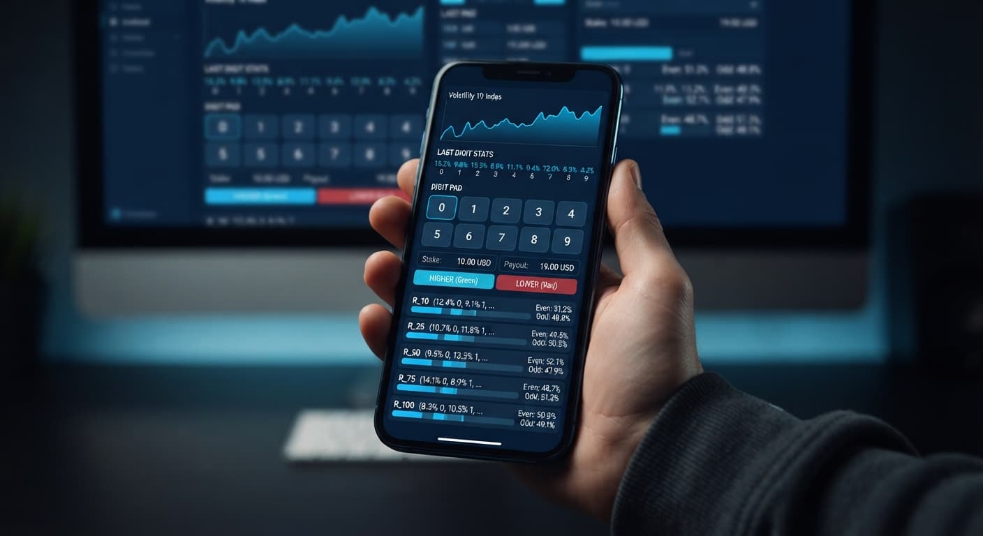 Screenshot of the digit pad on Volatility 10 interface showing real-time digit analysis and manual trading controls on BinaryBot.live.