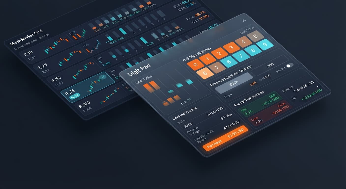 Screenshot of the BinaryBot.live Digit Pad interface showing the 0-9 digit heatmap and Even/Odd contract configuration panel for Volatility 25.