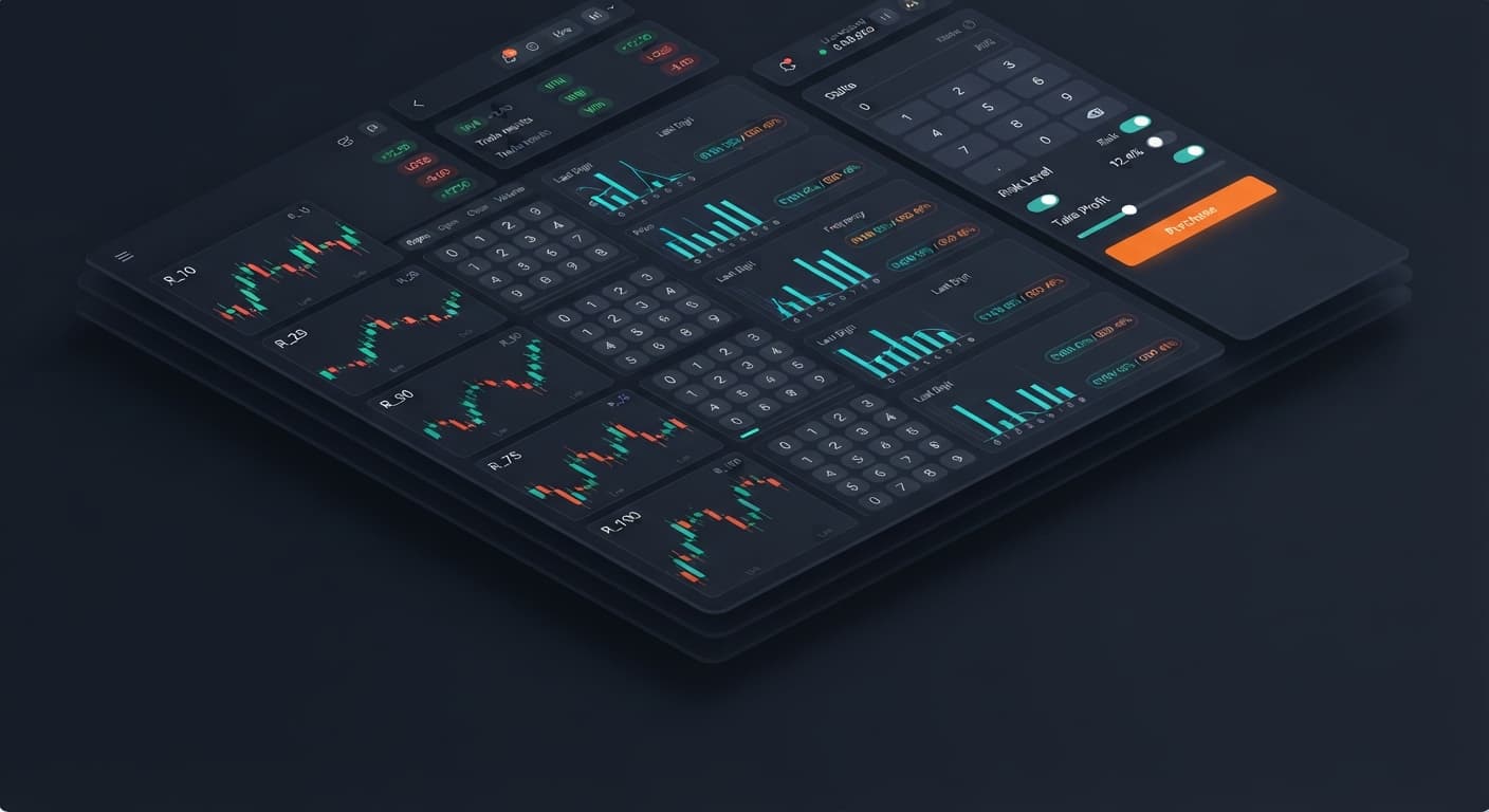 BinaryBot.live interface showing the multi-market digit monitoring grid with real-time price ticks and last digit prediction statistics.