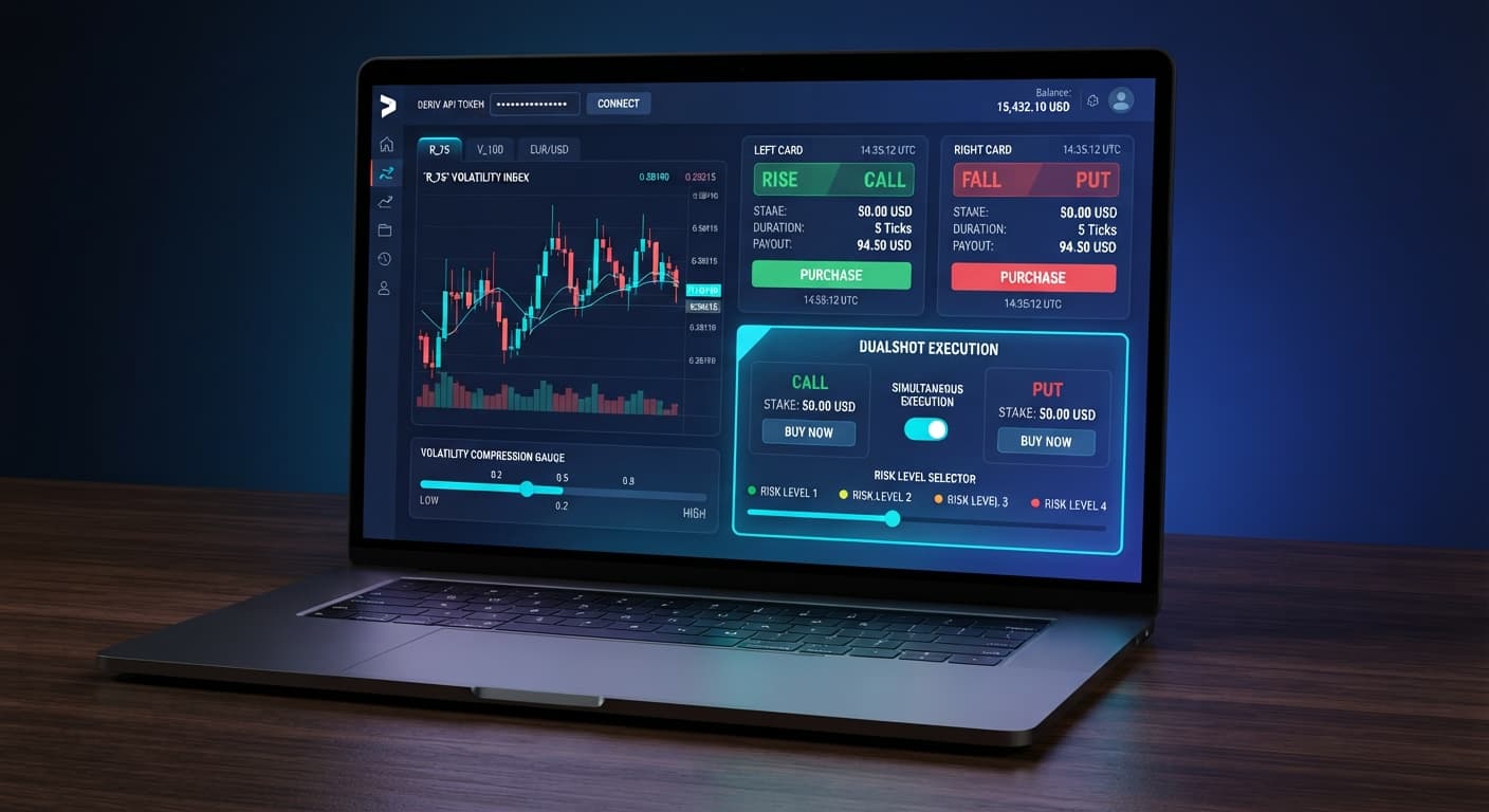 Screenshot of BinaryBot.live showing the API token connection field and DualShot interface for 2 simultaneous trades.