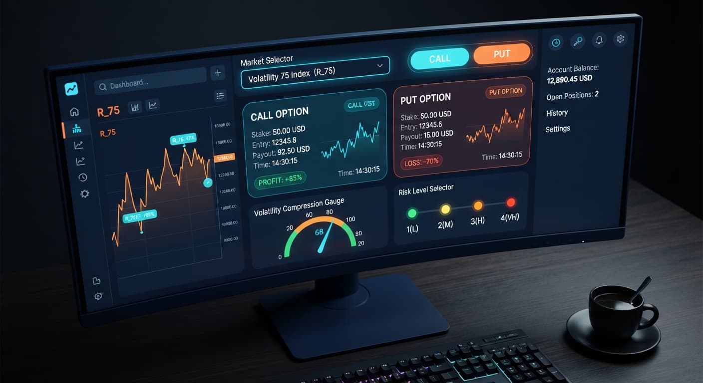 A screenshot showing the DualShot bot interface highlighting the Volatility 75 Index selection for executing 2 simultaneous trades.
