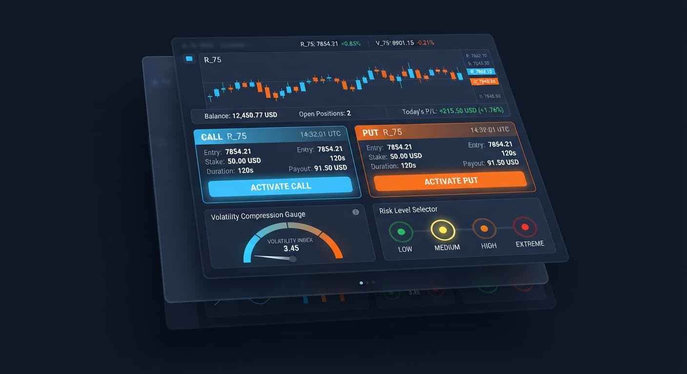 Screenshot of the DualShot deriv trading bot interface highlighting the configuration panel for simultaneous CALL and PUT trades on a demo account.