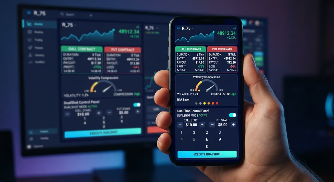 Screenshot of the DualShot automated trading bot interface highlighting the simultaneous CALL and PUT trade risk settings.