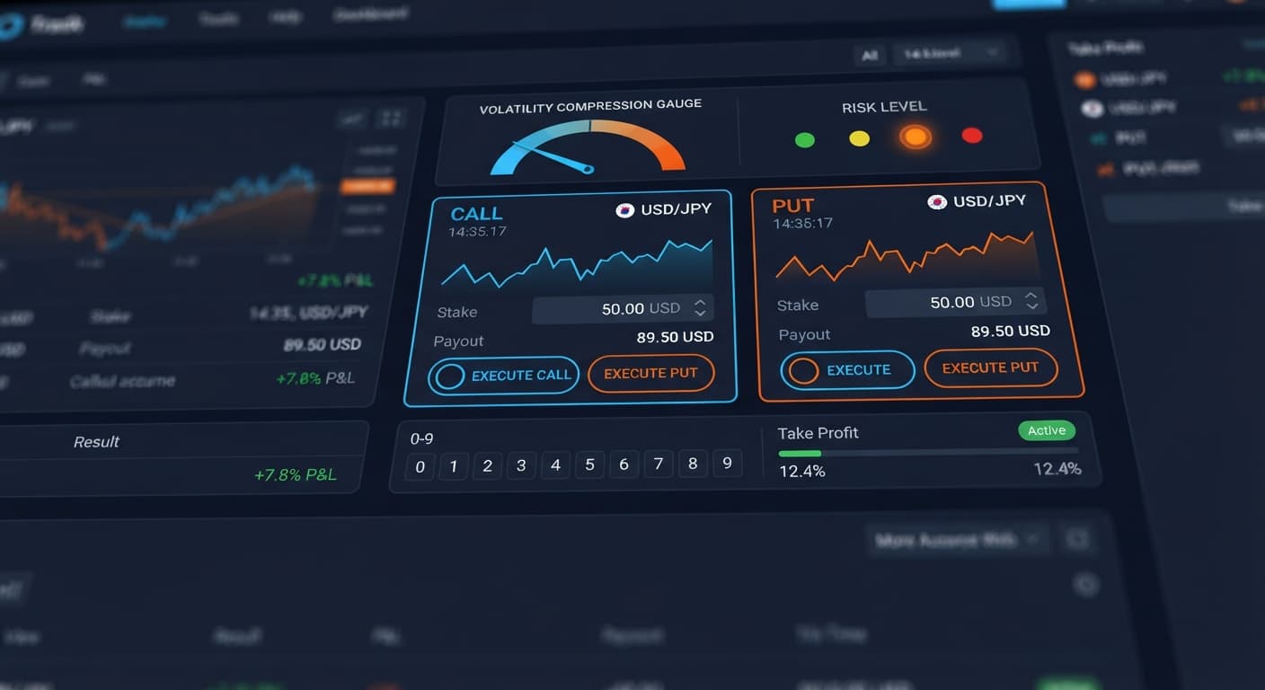 The DualShot bot configuration interface showing risk level dropdowns and stake settings for simultaneous CALL and PUT trades.