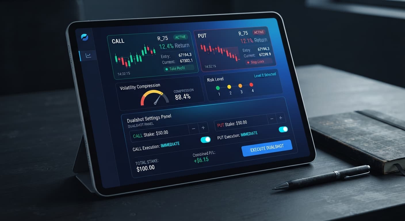 A screenshot of BinaryBot.live showing the dualshot settings interface with configurable CALL and PUT trade parameters.