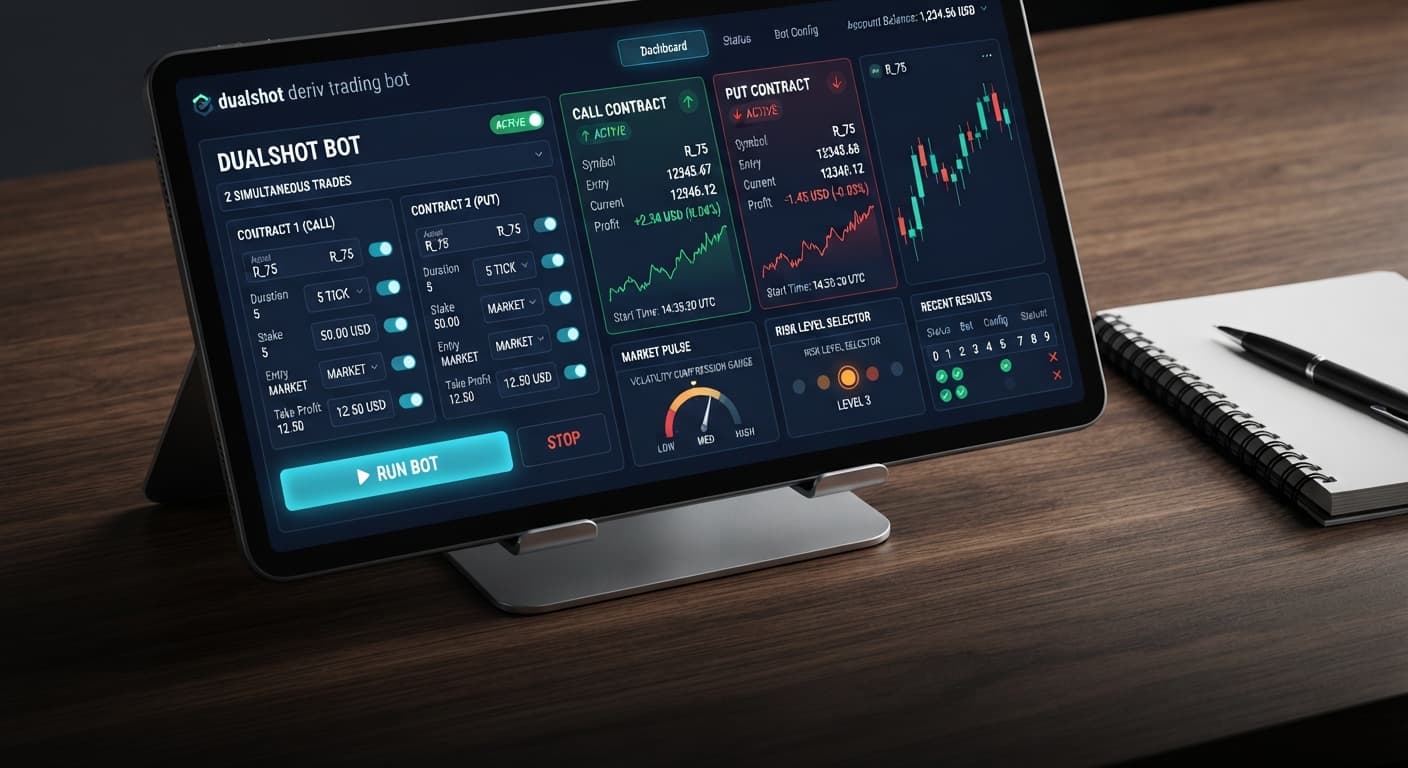 A screenshot showing the dual contract configuration panel for the DualShot automated trading bot on BinaryBot.live.