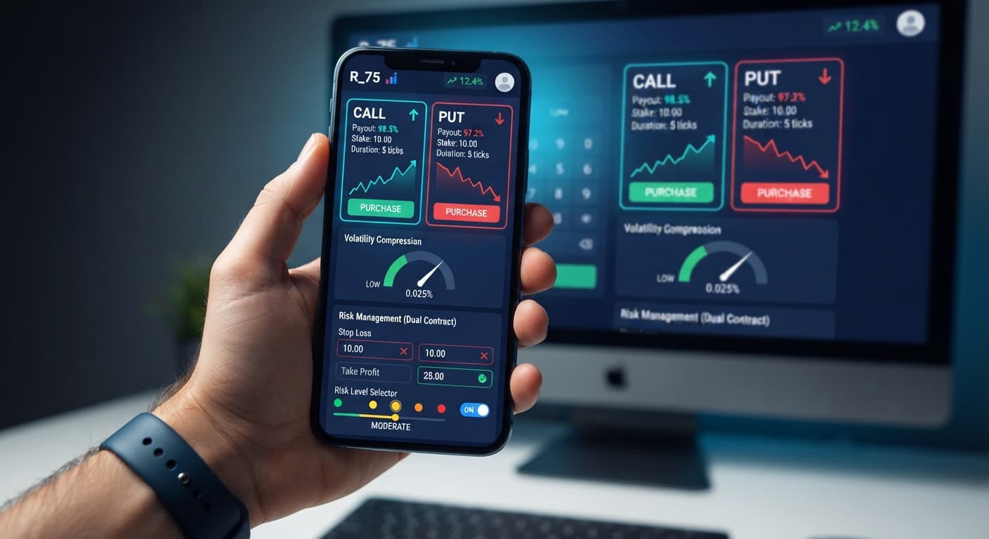 The DualShot bot configuration panel highlighting the stop loss and take profit input fields on BinaryBot.live.