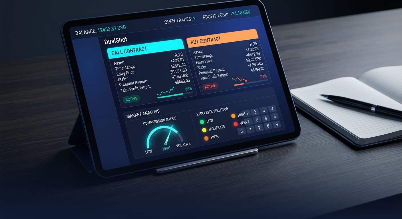 Screenshot of the DualShot bot interface on BinaryBot.live highlighting the take profit settings panel for simultaneous CALL and PUT trades.