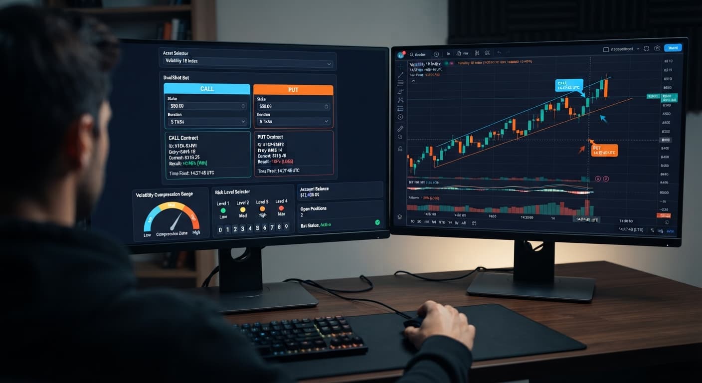 Screenshot of the BinaryBot.live platform showing the DualShot bot configured for simultaneous CALL and PUT trades on the Volatility 10 Index.