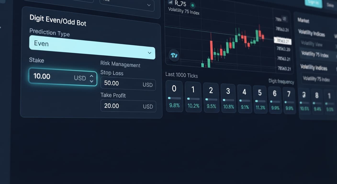 Screenshot of the BinaryBot.live Digit Even/Odd Bot parameter settings panel showing prediction type and stake input fields.