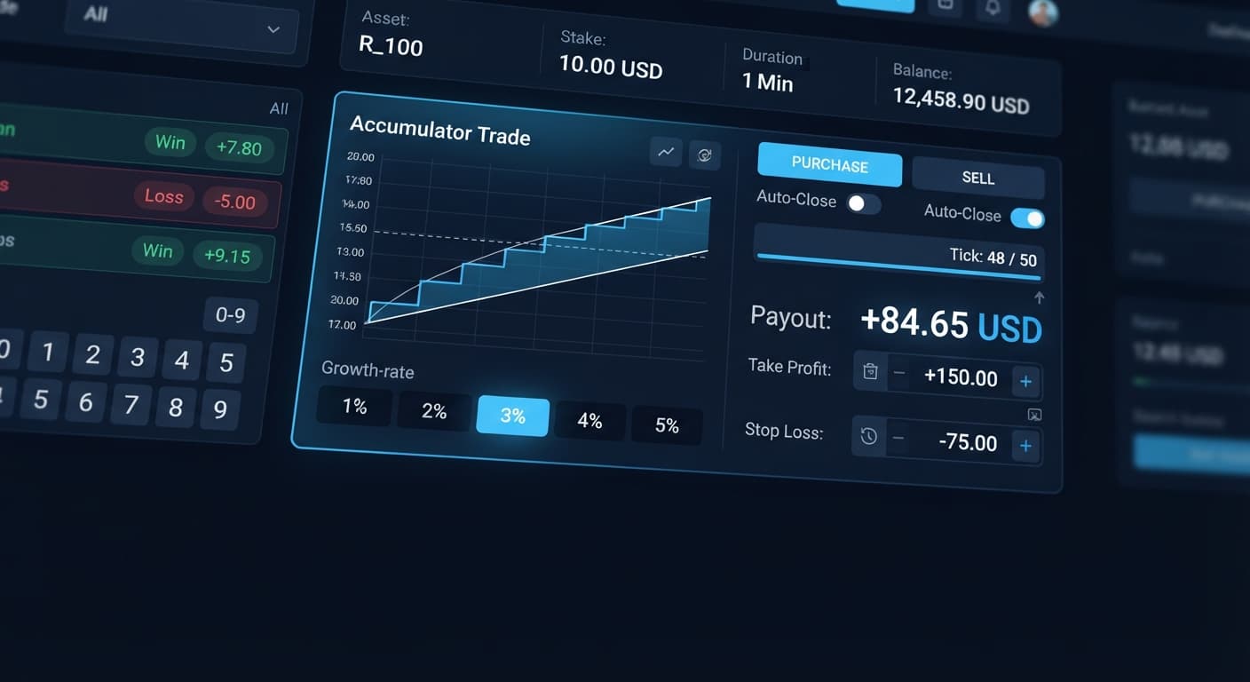 Screenshot of BinaryBot.live showing the growth-rate selector and barrier corridor for the deriv accumulator bot configuration.