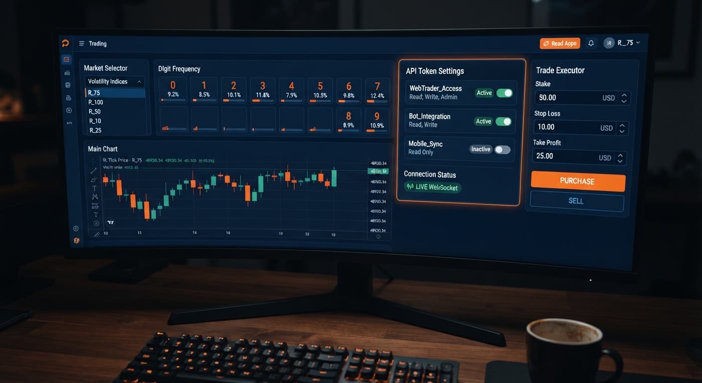 The BinaryBot.live settings panel showing active API token configuration and a green WebSocket connection status indicator.