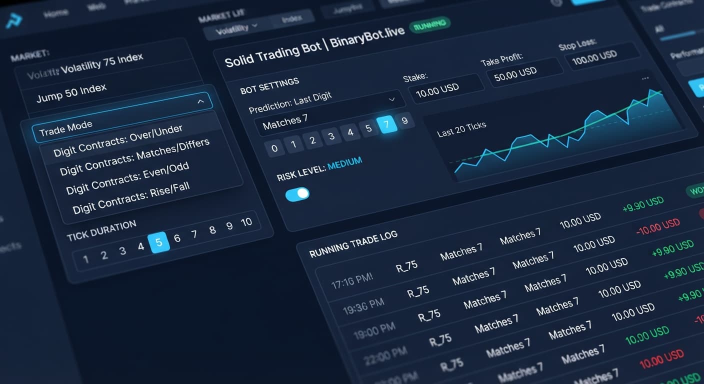 Screenshot of the BinaryBot.live interface showing how to use solid trading bot for automated Deriv digit trading strategies.